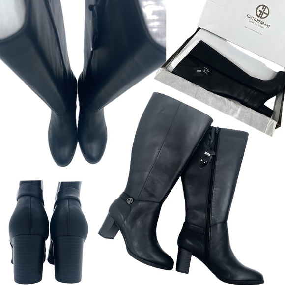Giani Bernini Adonnys Leather Zipper Memory-Foam Wide-Calf  Black Riding Boots - Picture 1 of 15